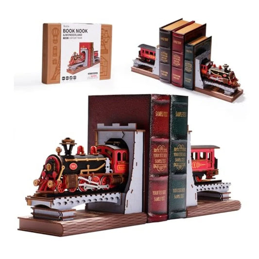 Rolife Wooden Vintage Train Kit 3D Puzzles DIY Book Nook Kit Decorative Bookends 6.5" for Adults Gifts for Boys Girls