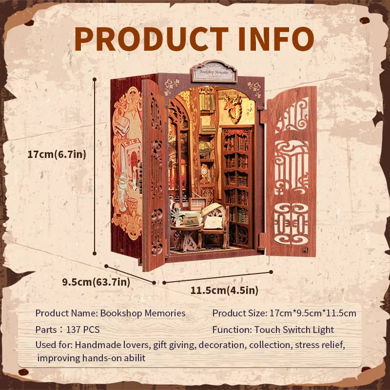 DIY Book Nook Kit Miniature Wooden Dollhouse with Light Bookshelf Insert Decoration Model for Gifts Bookshop Memories