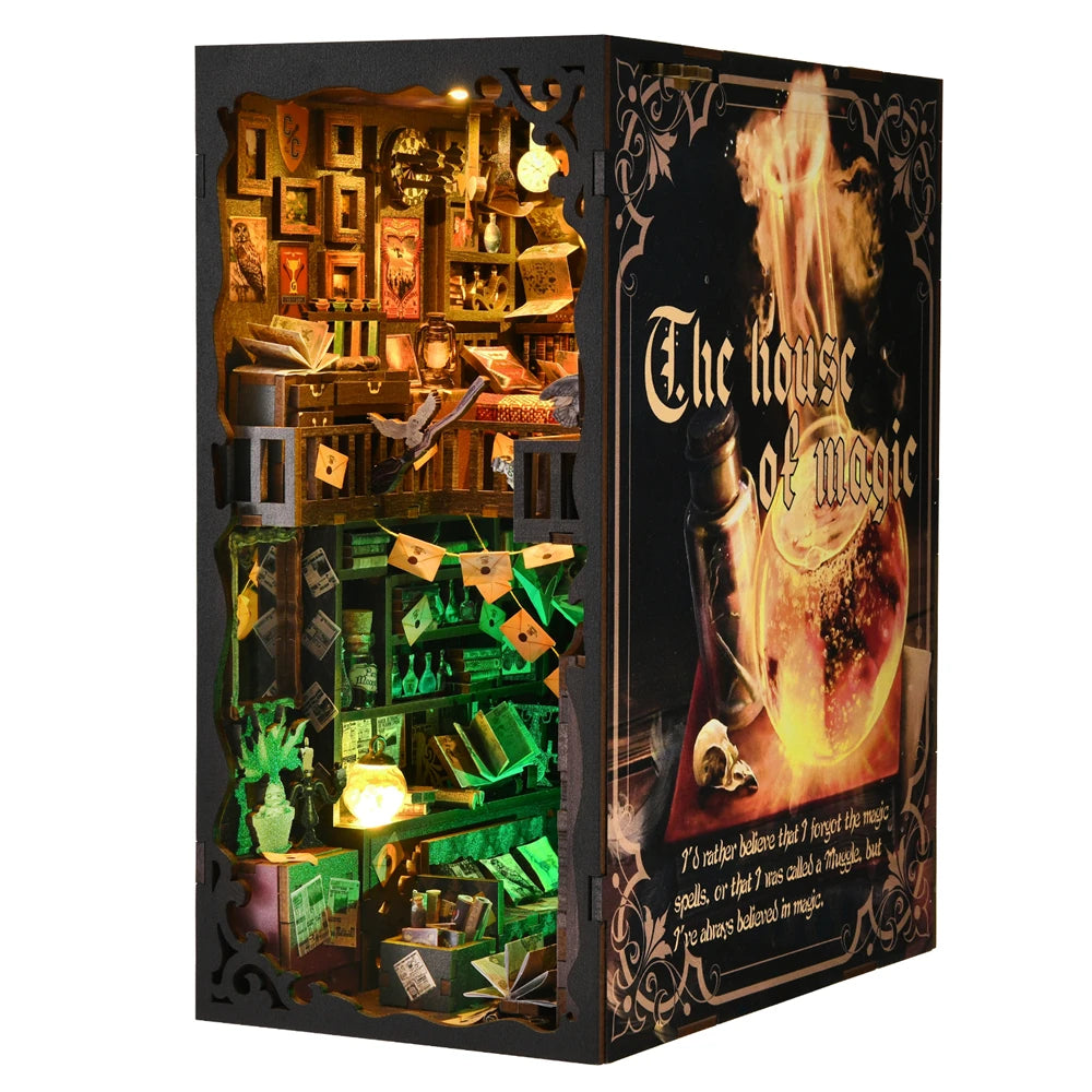 DIY Book Nook Kit 3D Wooden Puzzle Home Decoration DIY House Kit for Bookshelf Miniature Insert Magic Book House Stand Bookshelf