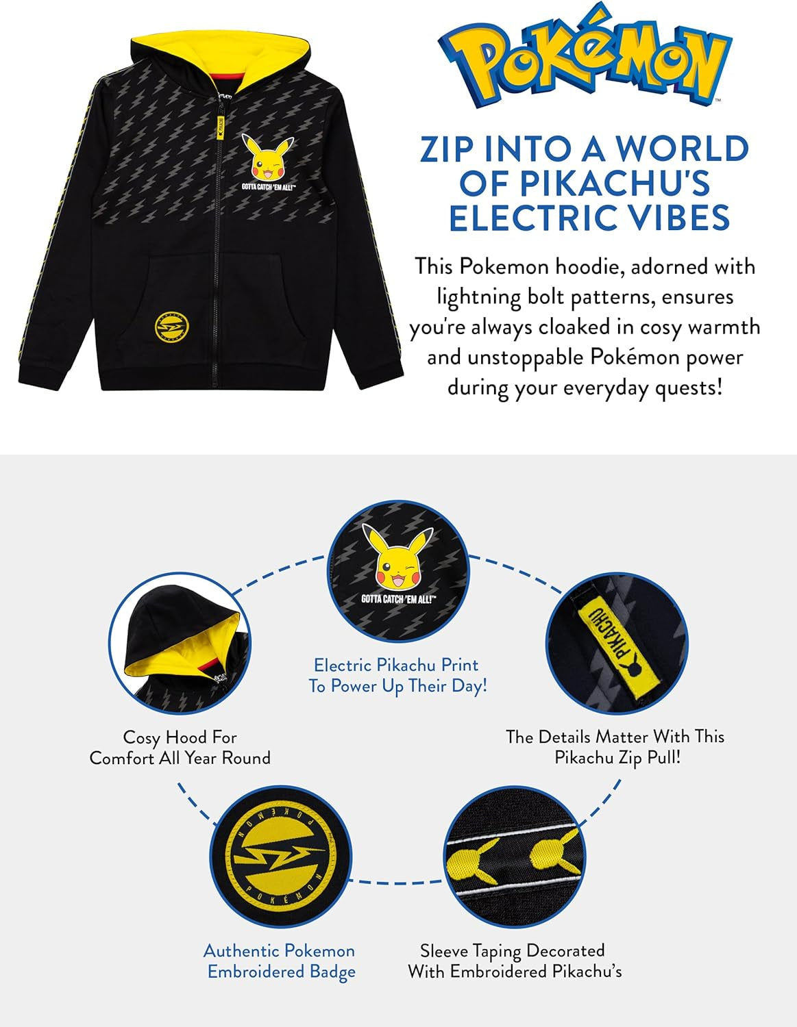 Pokemon Hoodie | Pikachu Boys Zip up Hoodie | Boys' Hoodies | Ages 5 to 13 Years
