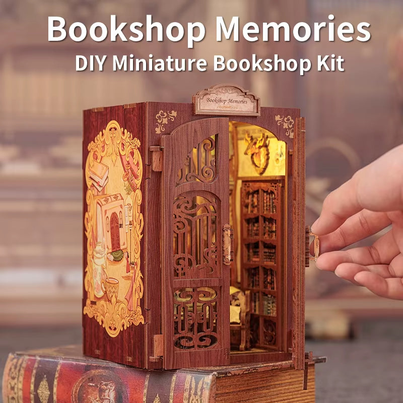 DIY Book Nook Kit Miniature Wooden Dollhouse with Light Bookshelf Insert Decoration Model for Gifts Bookshop Memories