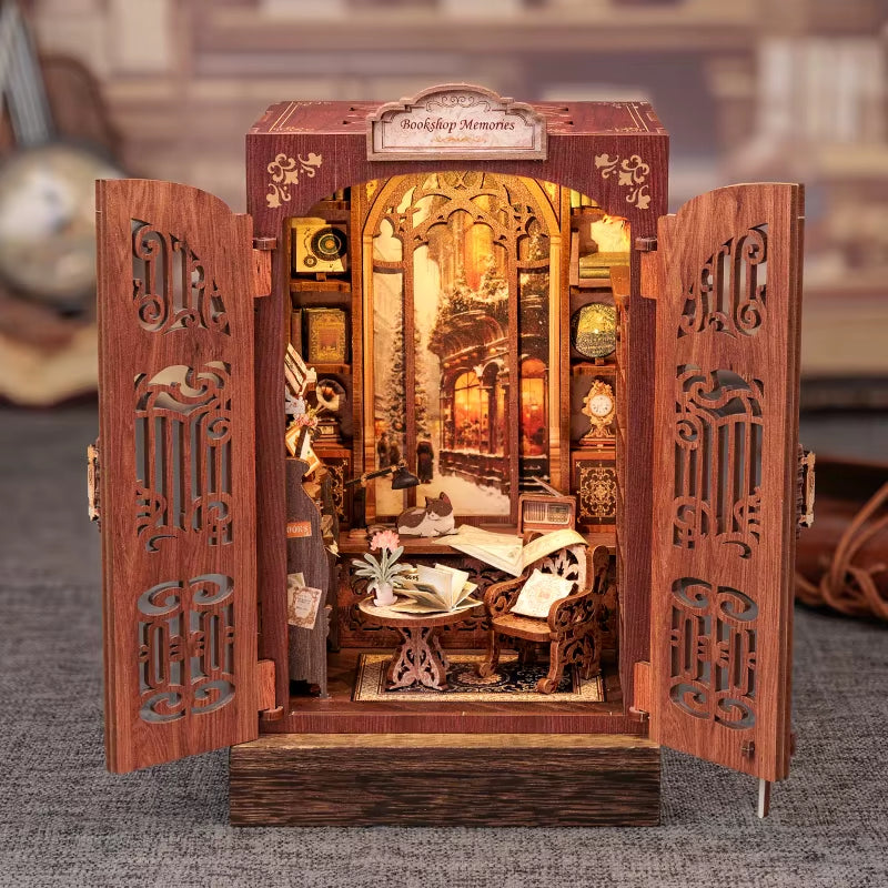 DIY Book Nook Kit Miniature Wooden Dollhouse with Light Bookshelf Insert Decoration Model for Gifts Bookshop Memories