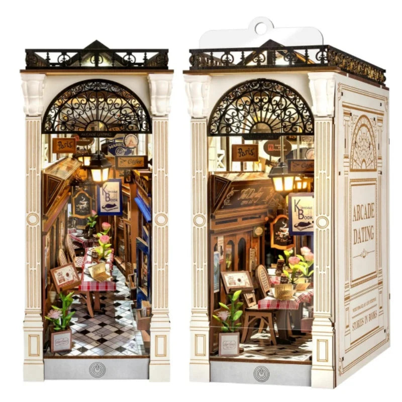 Arcade Dating Booknook with Dust Cover DIY Miniature Dolls House Kit 3D Wooden Puzzle Bookend Bookshelf Decor Gift