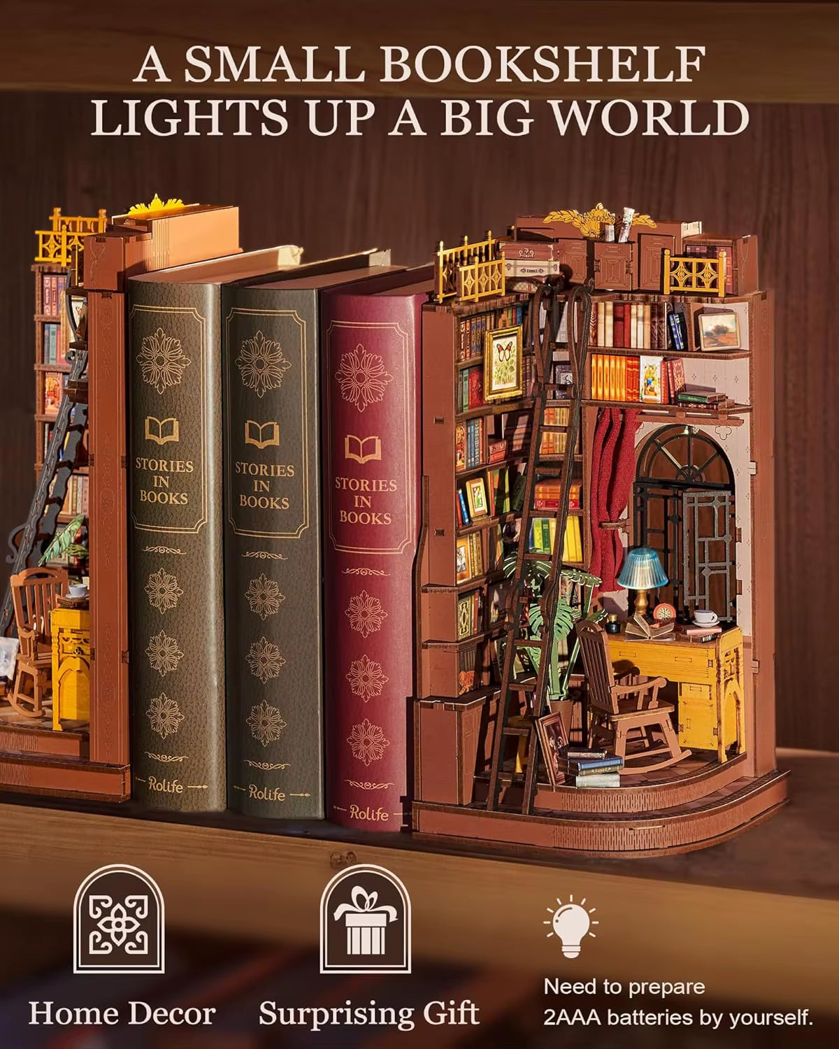 Rolife Silent Corner Study DIY Book Nook Shelf Insert Wooden Miniature Doll House for Bookshelf Insert Furniture TGE02