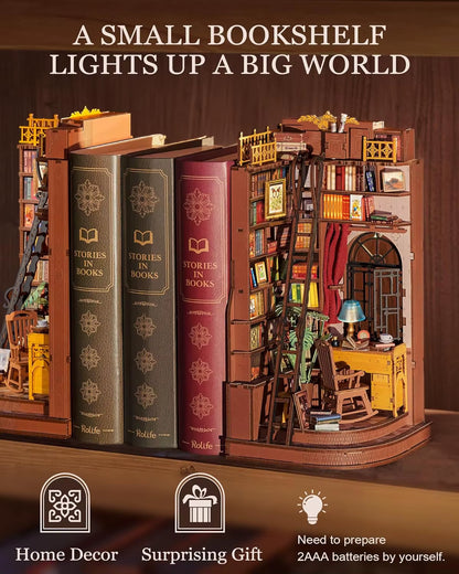 Rolife Silent Corner Study DIY Book Nook Shelf Insert Wooden Miniature Doll House for Bookshelf Insert Furniture TGE02