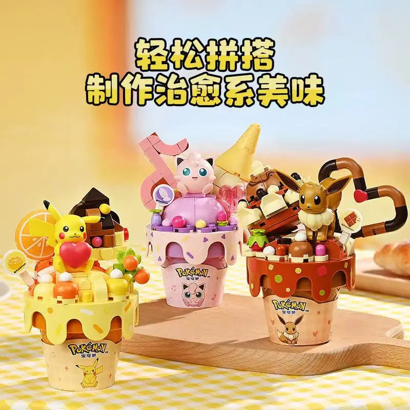 New Original Pokemon Ice Cream Themed Building Block Toys Pikachu Bulbasaur Charmander Eevee Cartoon Model Figure Toys Kids Gift
