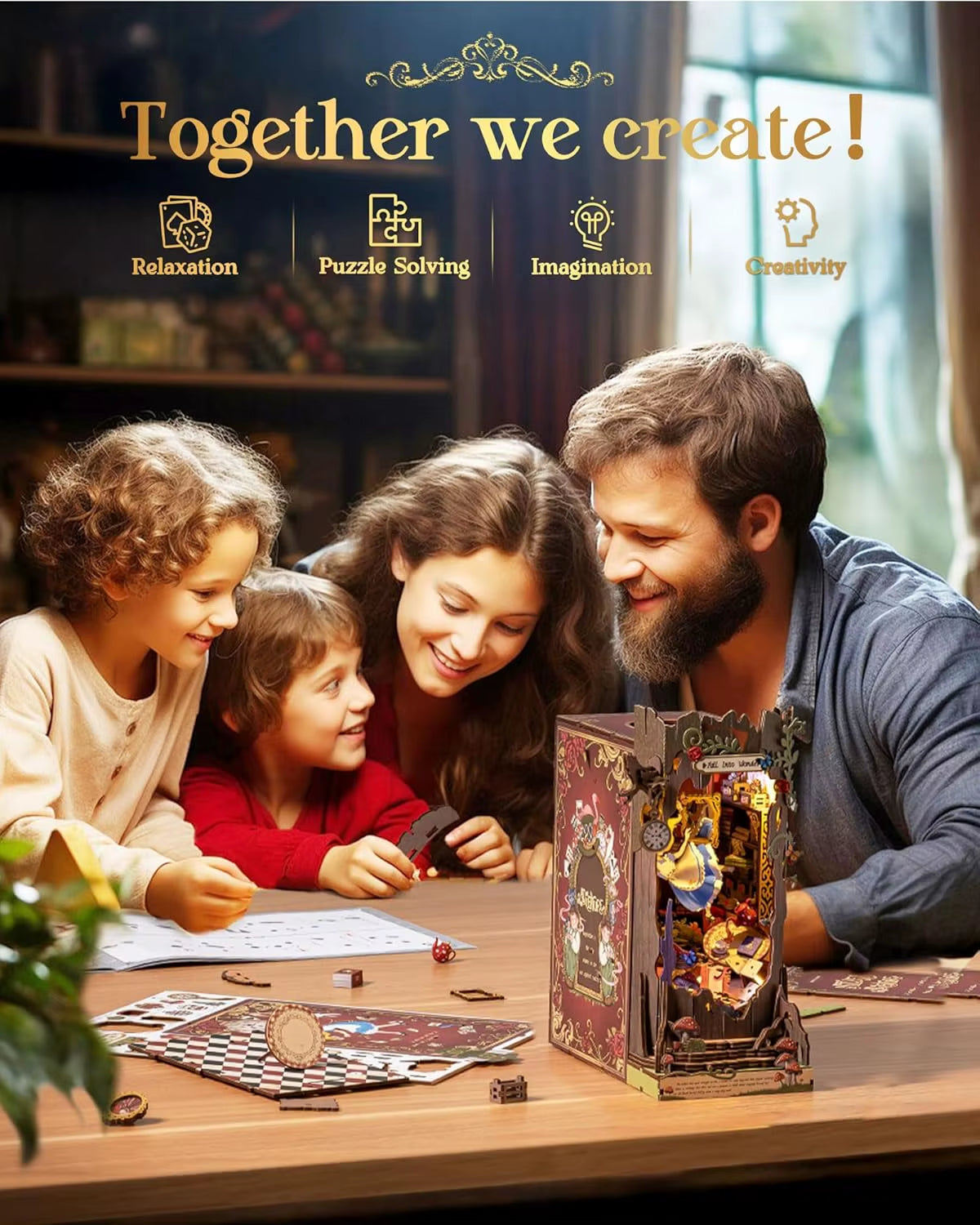 Rolife Book Nook Kits Fall into Wonder DIY Booknook with Lights Miniature House Kit 3D Wooden Puzzle Bookshelf Gift TGB