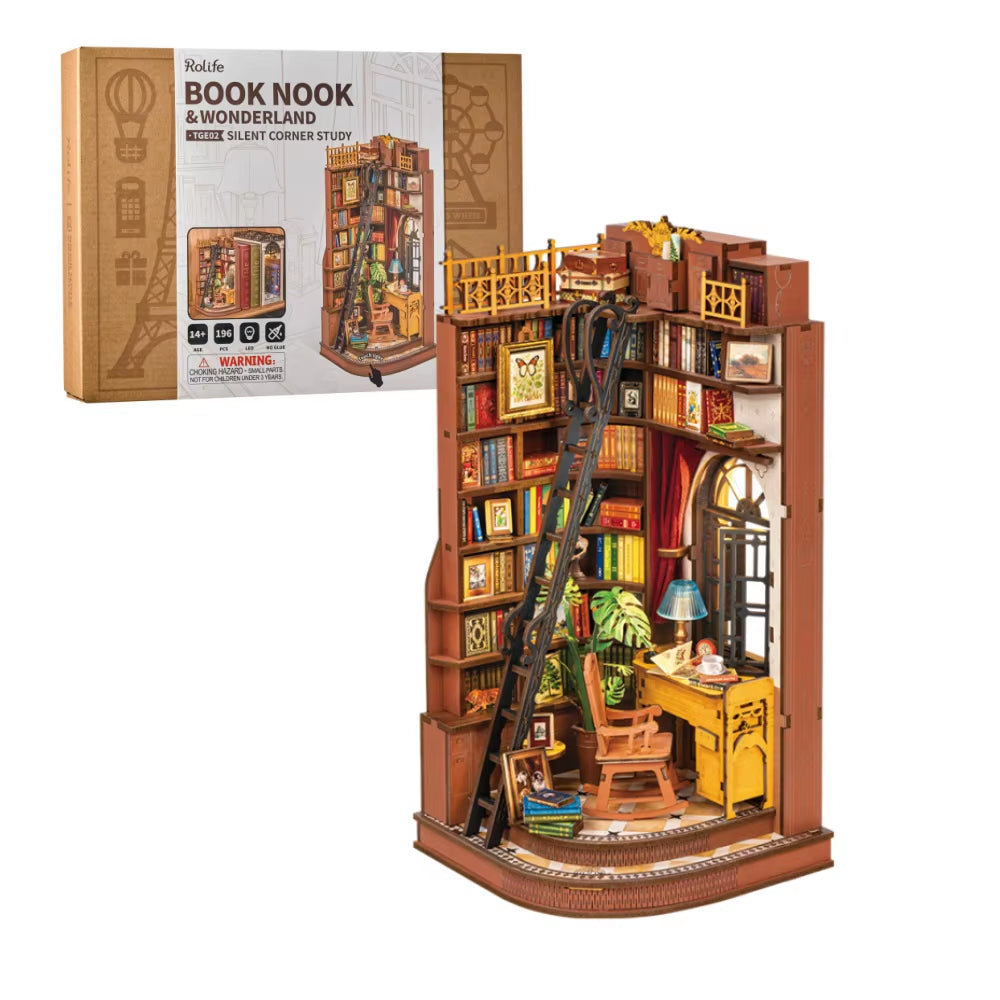 Rolife Silent Corner Study DIY Book Nook Shelf Insert Wooden Miniature Doll House for Bookshelf Insert Furniture TGE02