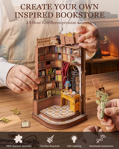 Rolife Silent Corner Study DIY Book Nook Shelf Insert Wooden Miniature Doll House for Bookshelf Insert Furniture TGE02