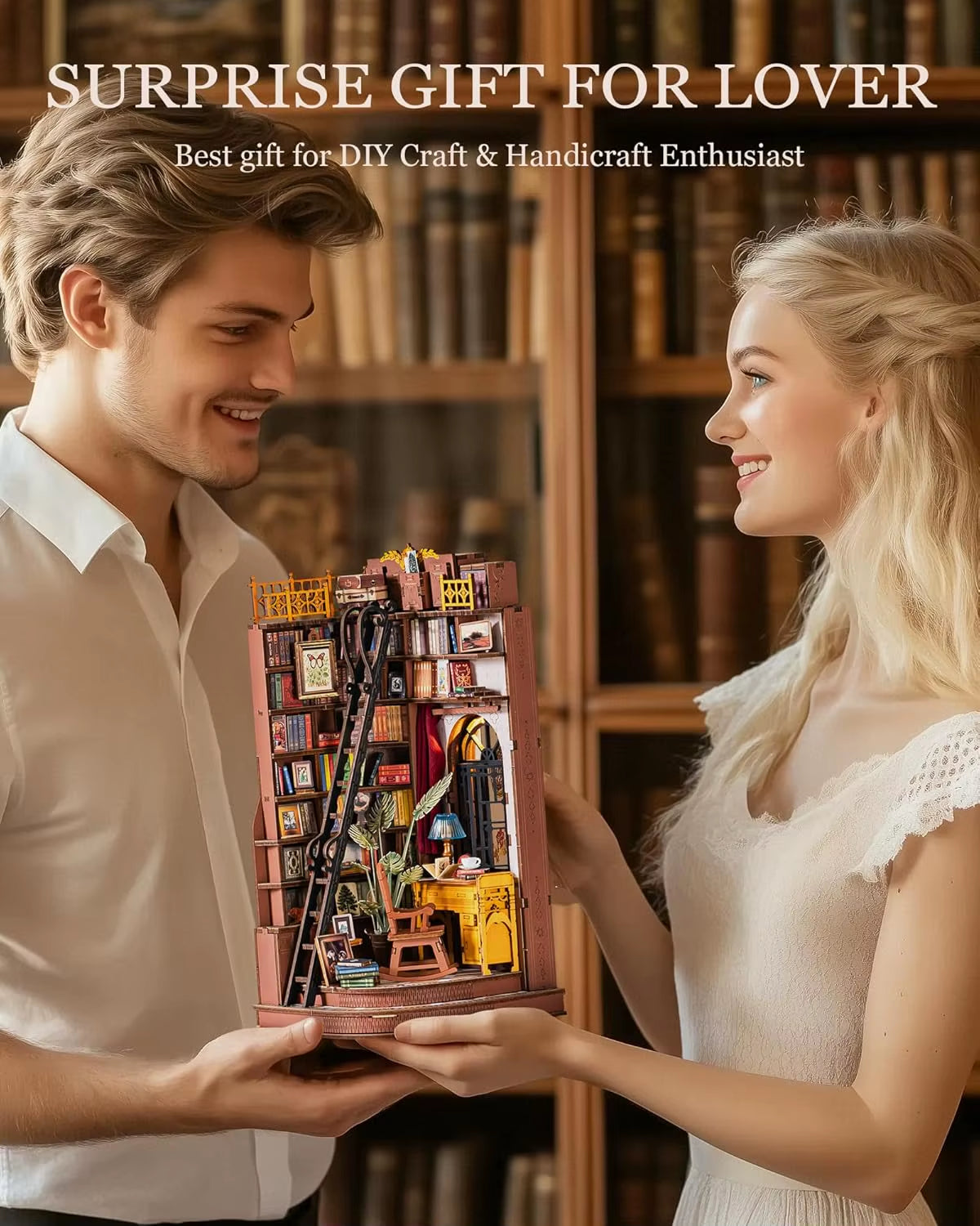 Rolife Silent Corner Study DIY Book Nook Shelf Insert Wooden Miniature Doll House for Bookshelf Insert Furniture TGE02