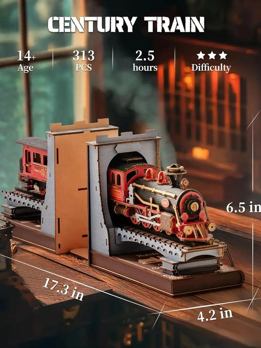 Rolife Wooden Vintage Train Kit 3D Puzzles DIY Book Nook Kit Decorative Bookends 6.5" for Adults Gifts for Boys Girls