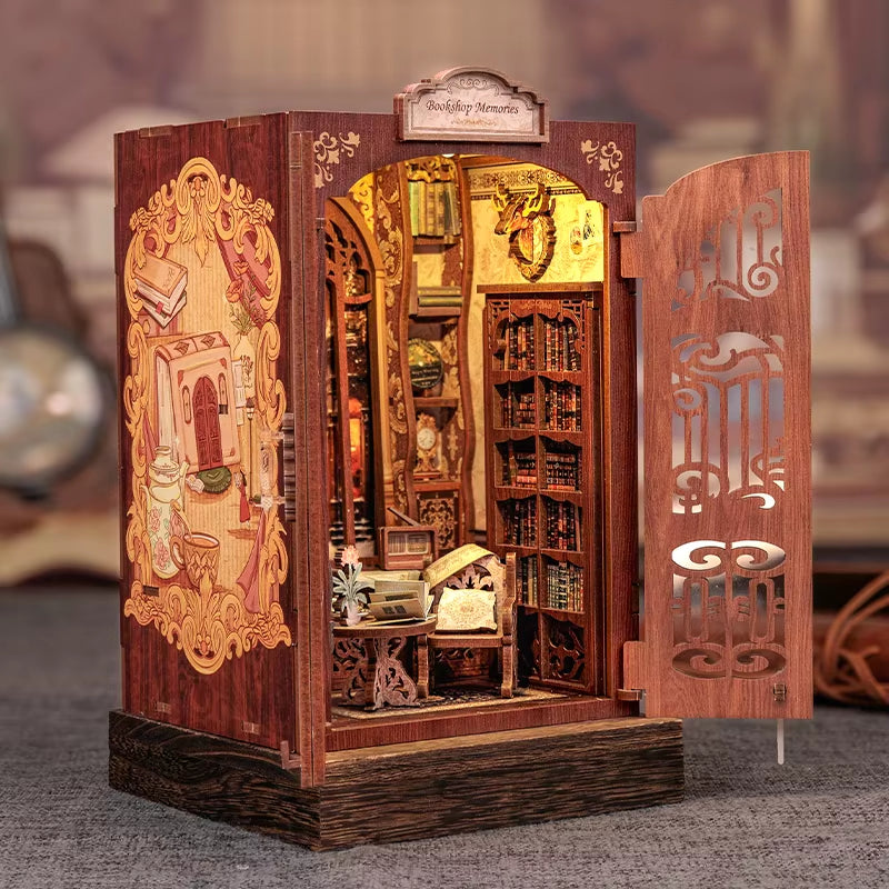 DIY Book Nook Kit Miniature Wooden Dollhouse with Light Bookshelf Insert Decoration Model for Gifts Bookshop Memories
