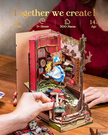 Rolife Book Nook Kits Fall into Wonder DIY Booknook with Lights Miniature House Kit 3D Wooden Puzzle Bookshelf Gift TGB