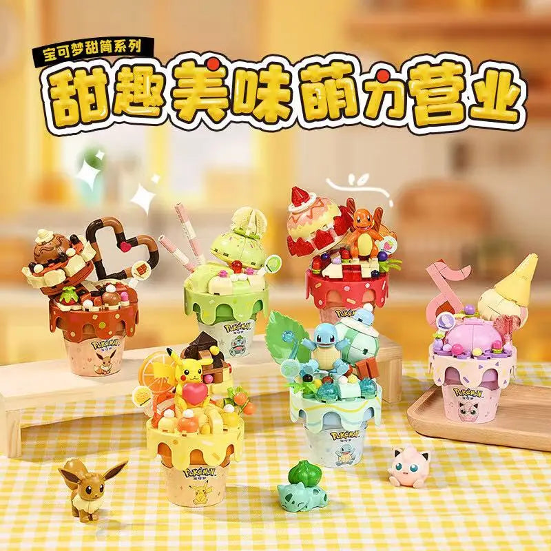 New Original Pokemon Ice Cream Themed Building Block Toys Pikachu Bulbasaur Charmander Eevee Cartoon Model Figure Toys Kids Gift