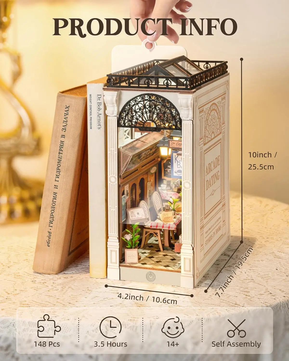 Arcade Dating Booknook with Dust Cover DIY Miniature Dolls House Kit 3D Wooden Puzzle Bookend Bookshelf Decor Gift