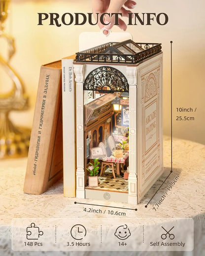 Arcade Dating Booknook with Dust Cover DIY Miniature Dolls House Kit 3D Wooden Puzzle Bookend Bookshelf Decor Gift