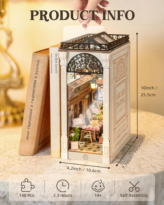 Arcade Dating Booknook with Dust Cover DIY Miniature Dolls House Kit 3D Wooden Puzzle Bookend Bookshelf Decor Gift