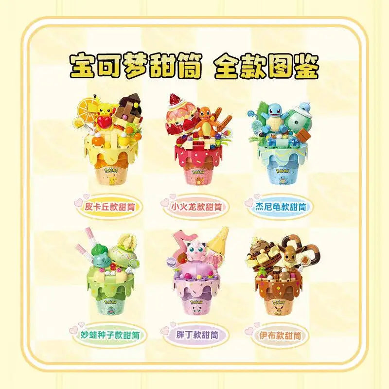 New Original Pokemon Ice Cream Themed Building Block Toys Pikachu Bulbasaur Charmander Eevee Cartoon Model Figure Toys Kids Gift