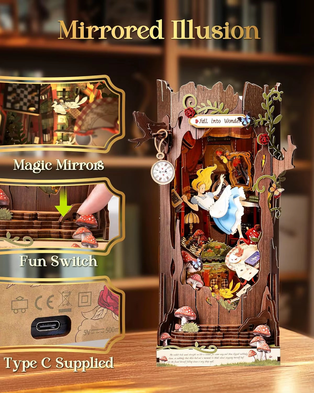 Rolife Book Nook Kits Fall into Wonder DIY Booknook with Lights Miniature House Kit 3D Wooden Puzzle Bookshelf Gift TGB