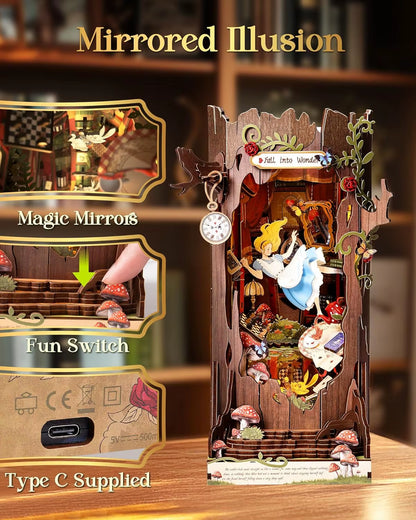Rolife Book Nook Kits Fall into Wonder DIY Booknook with Lights Miniature House Kit 3D Wooden Puzzle Bookshelf Gift TGB